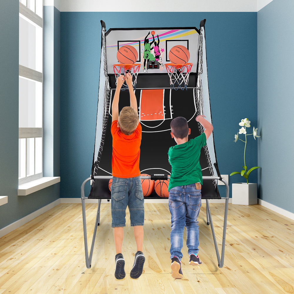Foldable double electronic basketball game with two hoops, four balls, and kids playing indoors for family fun.