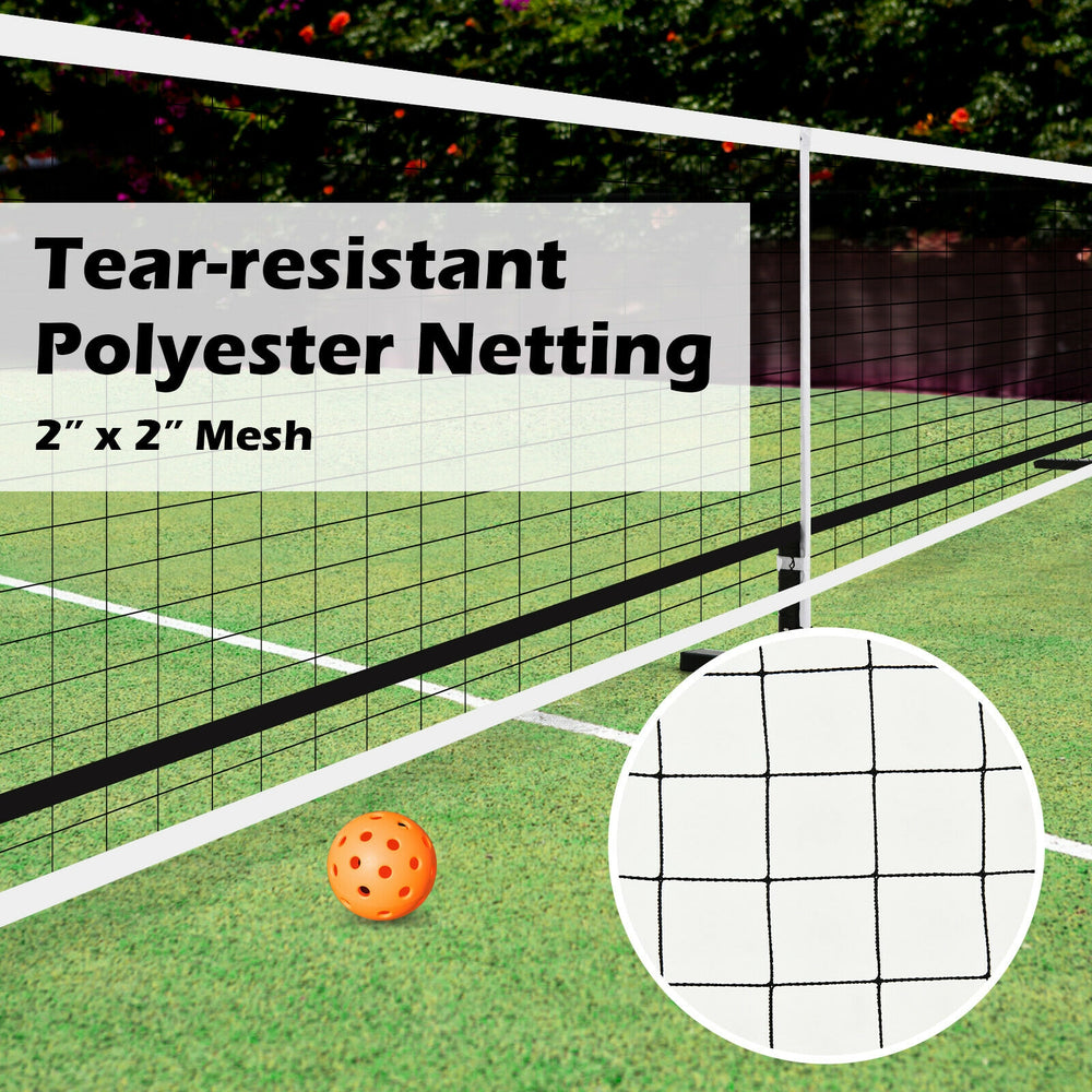 Portable 22 feet pickleball net set with tear-resistant polyester netting, ideal for indoor and outdoor games.