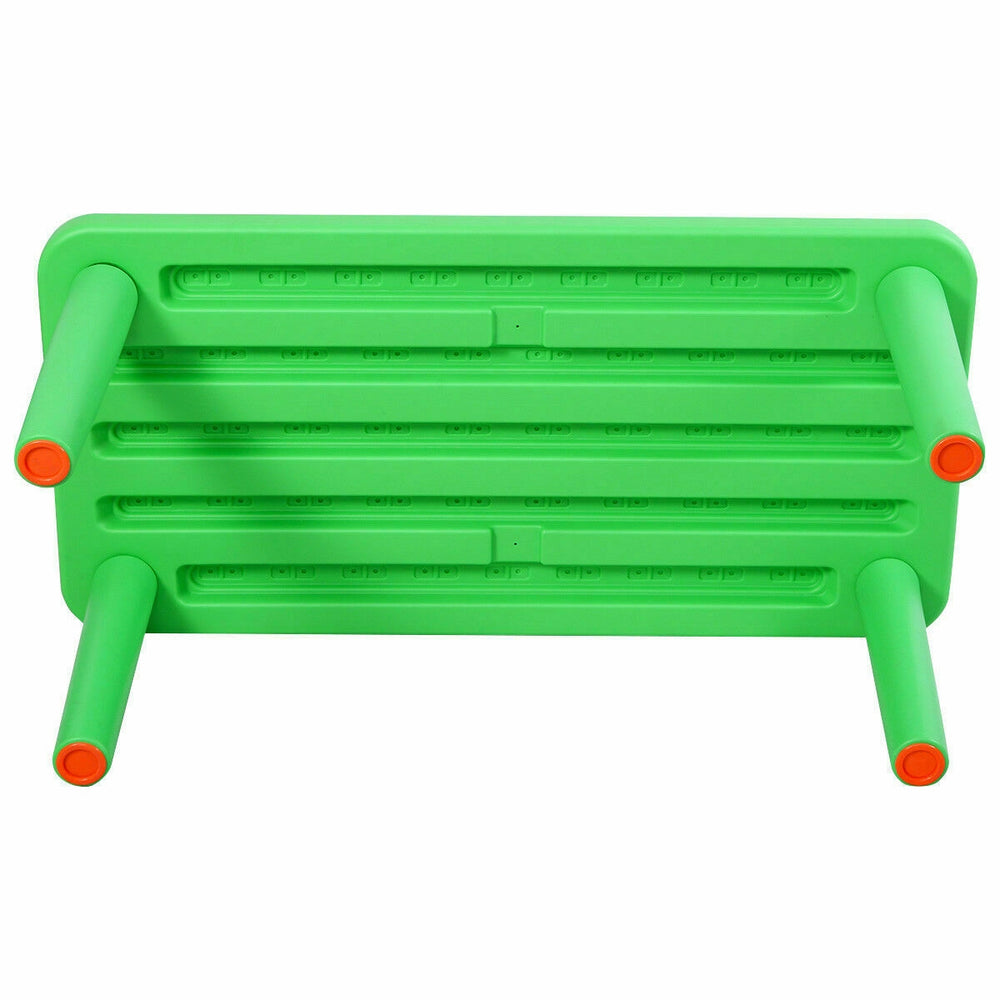 Underside view of a bright green kids portable plastic activity table, designed for stability and easy assembly in.
