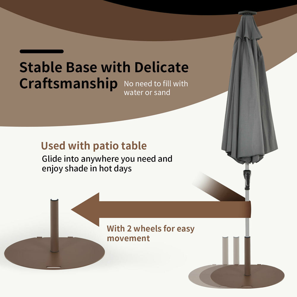 50 lbs umbrella base stand with wheels, solid metal frame, designed for stability and mobility with patio tables.