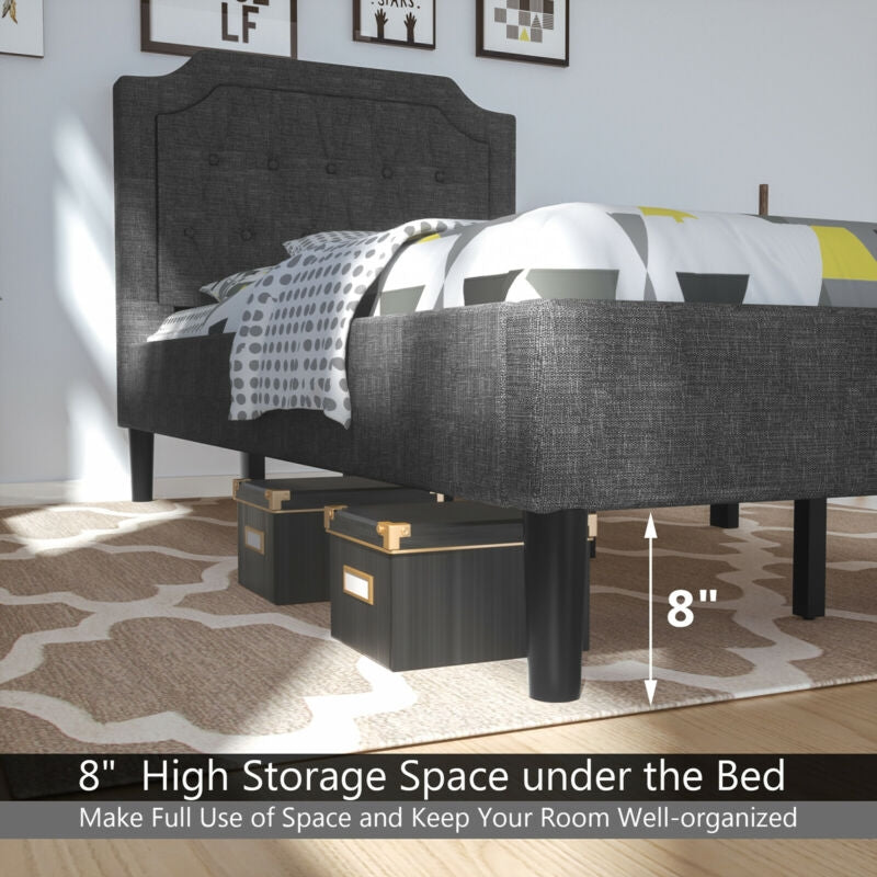 Linen twin upholstered platform bed with 8" under-bed storage space, featuring a button-tufted headboard for stylish.