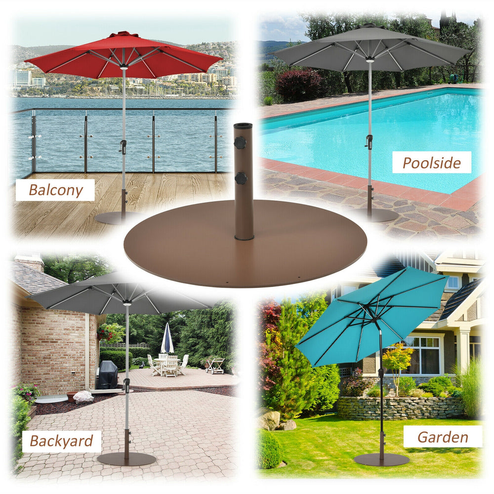 Heavy-duty steel umbrella base stand with powder coating, suitable for 1.37"-1.88" poles, ideal for backyard and.