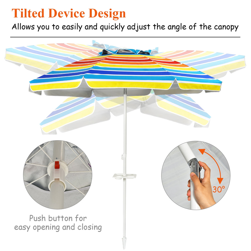 Tilted 7.2ft beach umbrella with multicolor stripes, featuring a sand anchor and easy-adjust canopy for optimal shade.