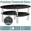 Close-up view of the textured surface of the black tempered glass oval coffee table, showcasing its elegant design and.