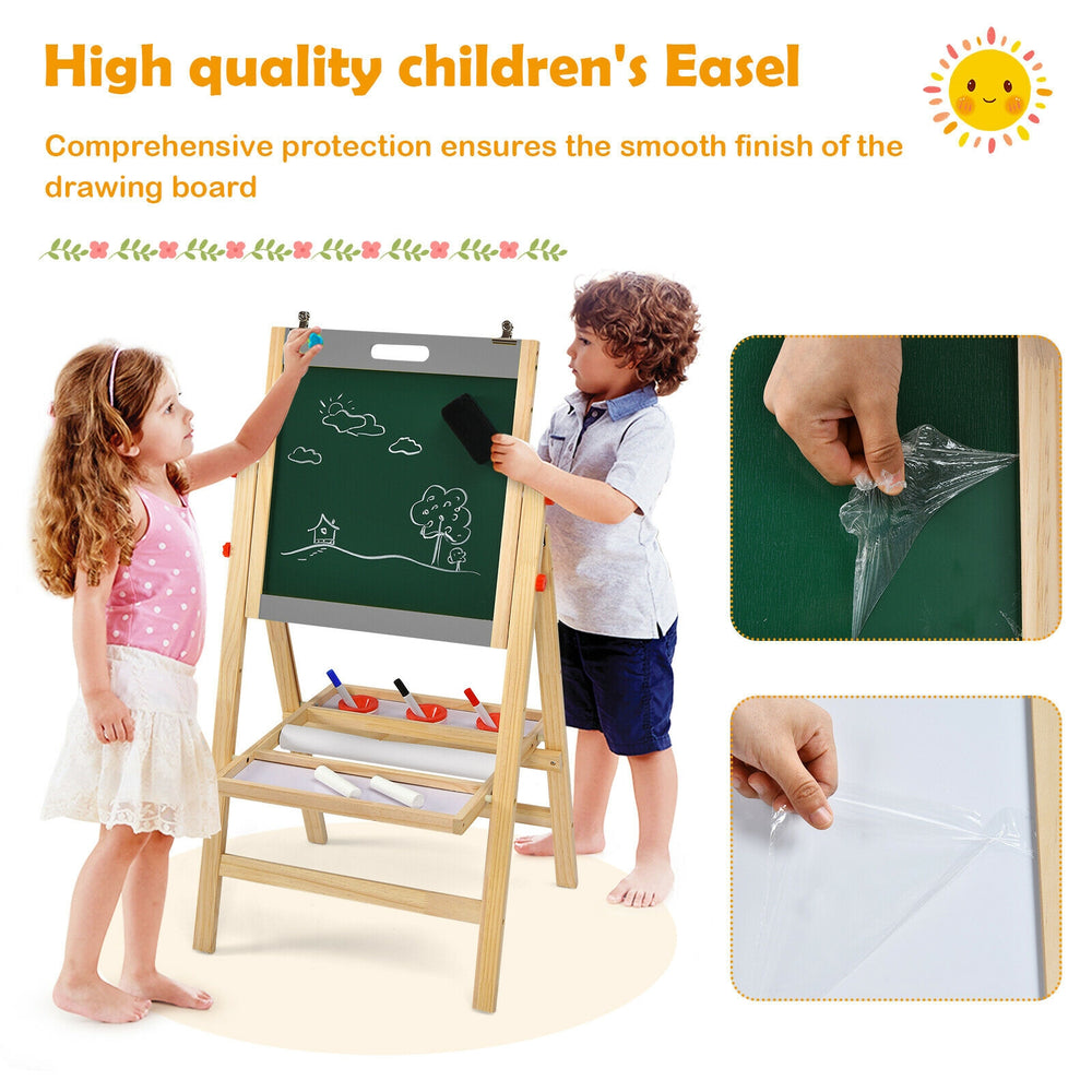 Kids art easel with adjustable height, double-sided chalkboard and whiteboard, perfect for creative activities and.
