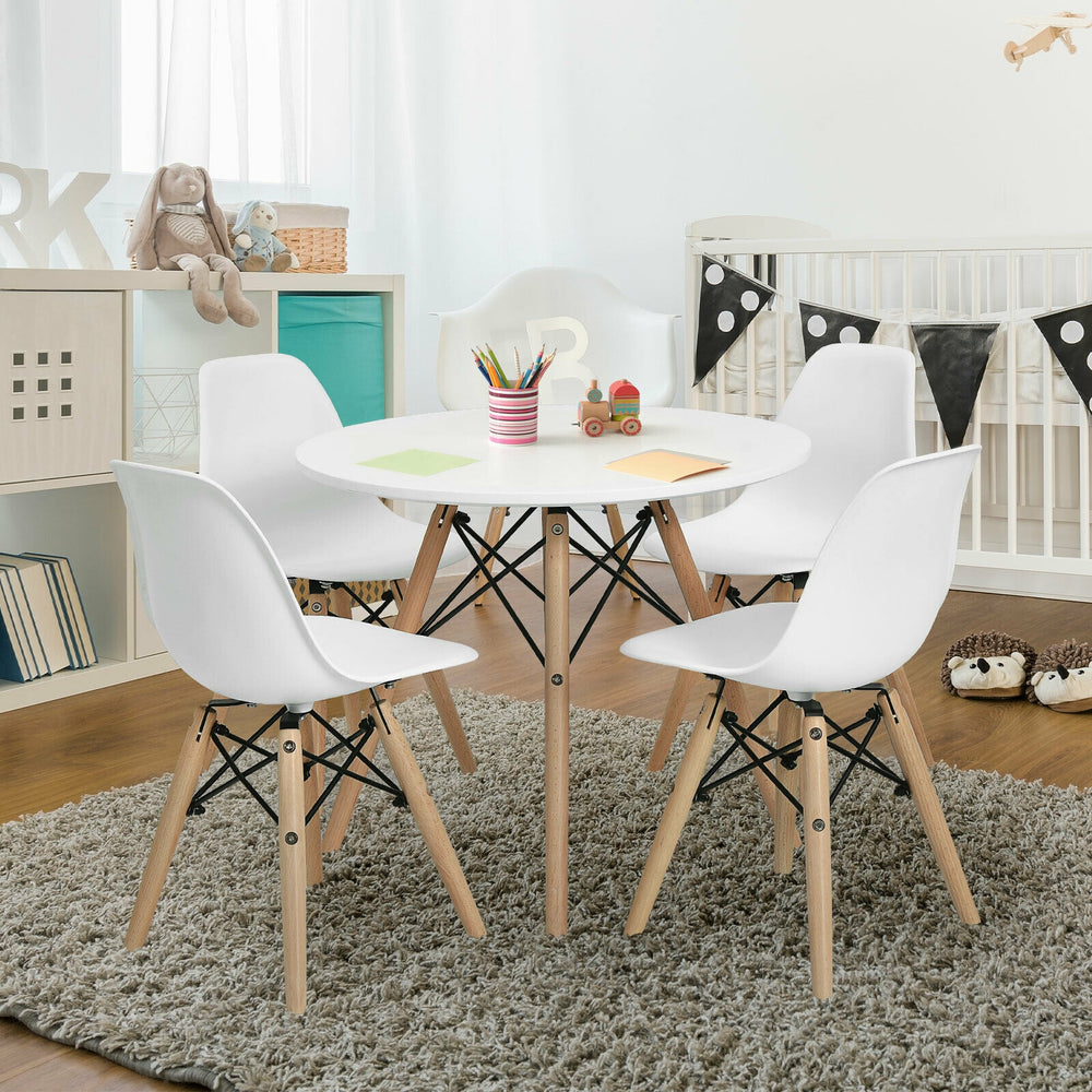 Children's dining chair set featuring four mini-sized chairs with wood legs, perfect for playrooms and nurseries.