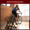 Portable folding steel bicycle indoor exercise training stand with a pyramid structure design for stability and noise.