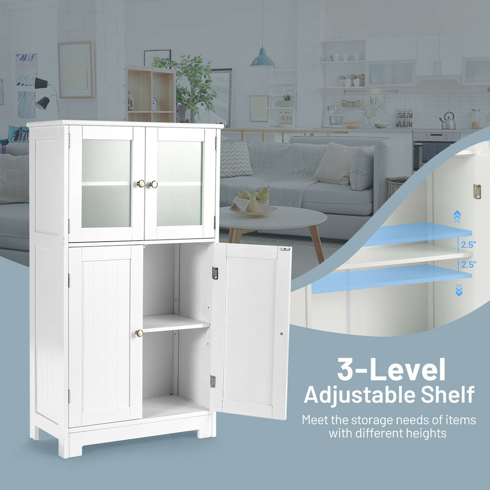 White bathroom floor storage locker with adjustable shelf, featuring tempered glass doors and ample storage space.