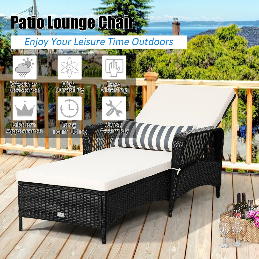 Adjustable PE rattan chaise lounge chair with off-white cushion, perfect for patio relaxation and sunbathing.