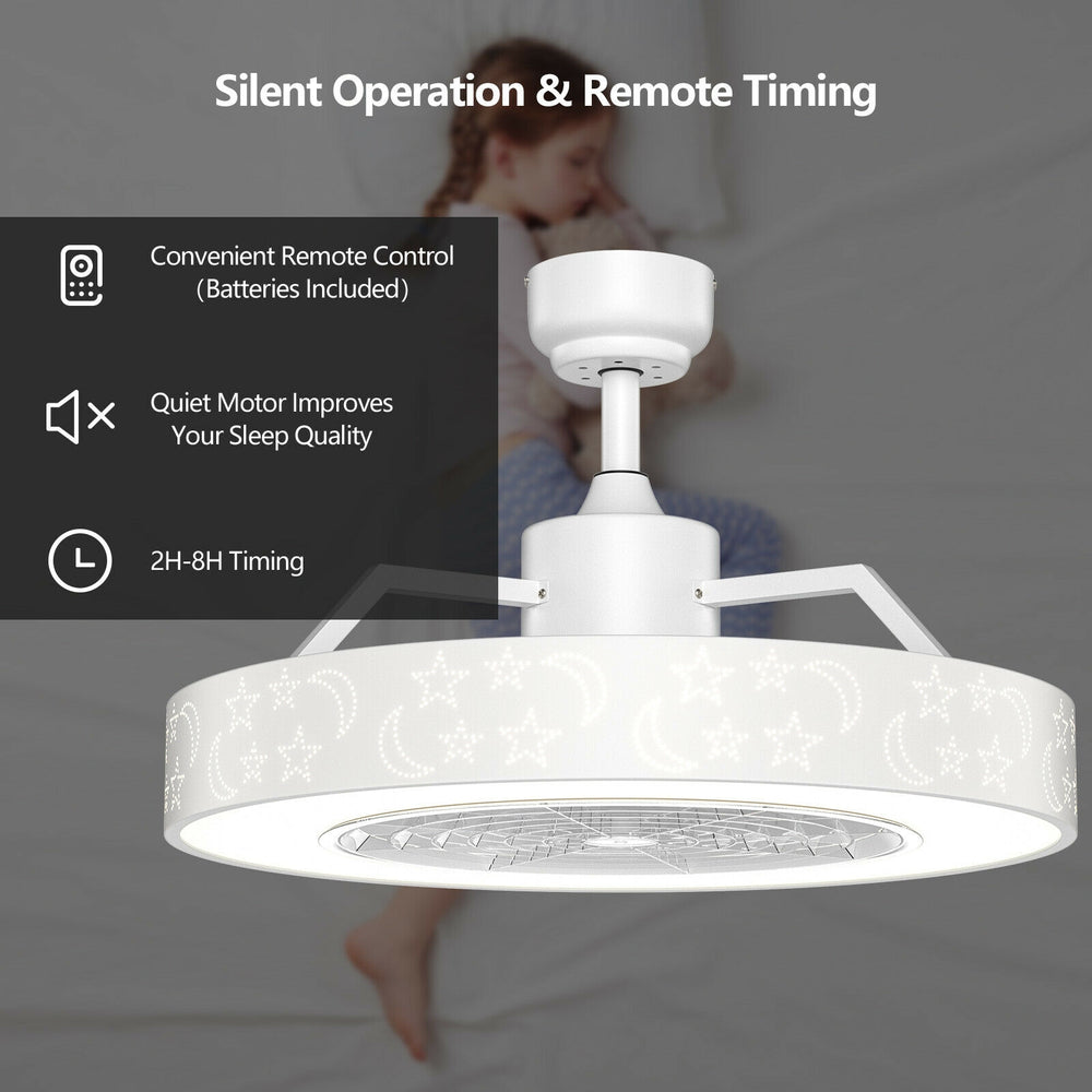 23-inch ceiling fan with LED light and remote control, featuring a starry lampshade and quiet motor for comfortable.