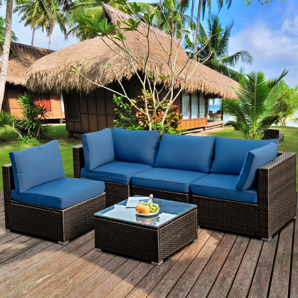 5 Pieces Cushioned Patio Rattan Furniture Set with Glass Table-Navy - Gallery View 1 of 12