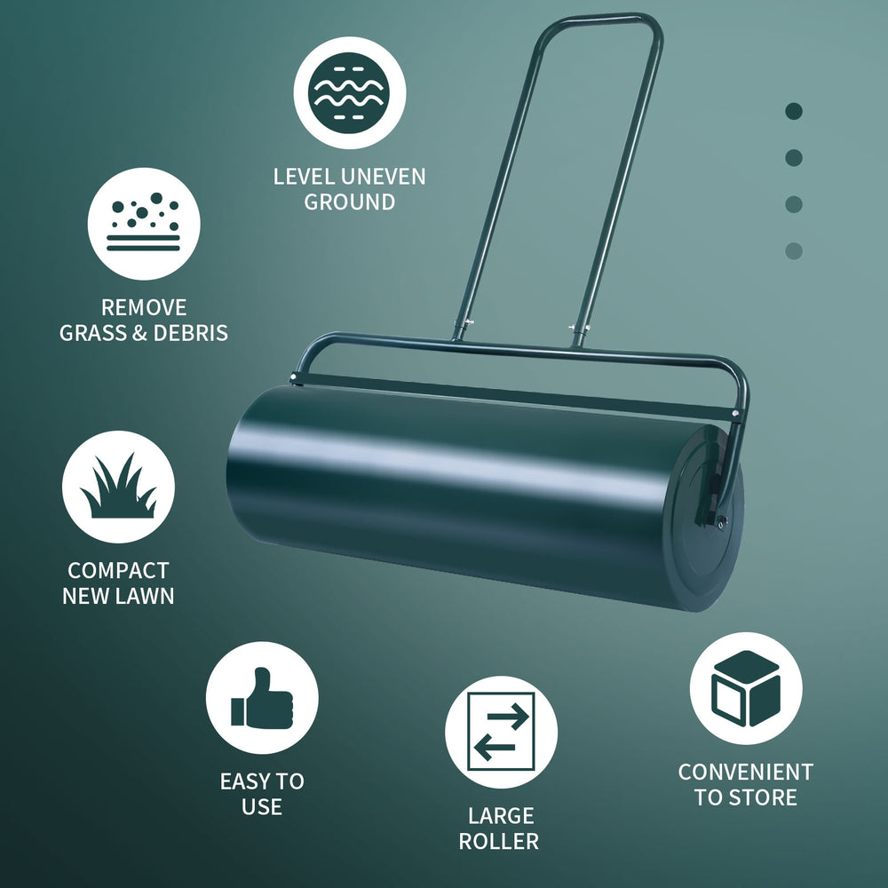 36 x 12 inches water-filled metal lawn roller with U-shaped handle for leveling uneven ground in gardens and patios.