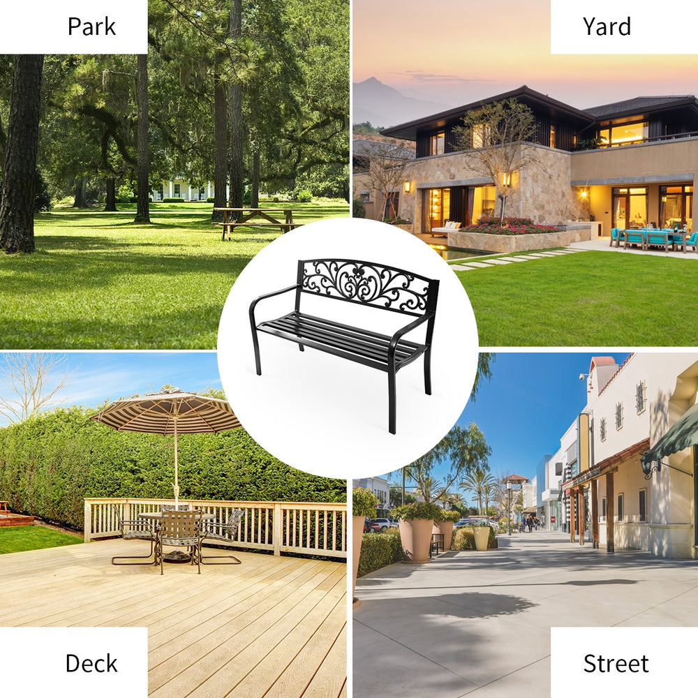 50-inch patio bench with steel frame and cast iron backrest, perfect for outdoor spaces like parks and decks.