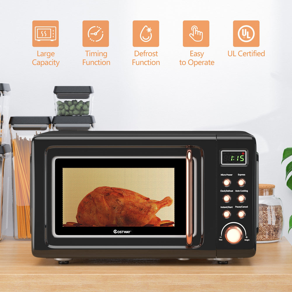 Retro countertop microwave oven with 5 power levels and 0.7 Cu. Ft capacity, ideal for small apartments and dorms.