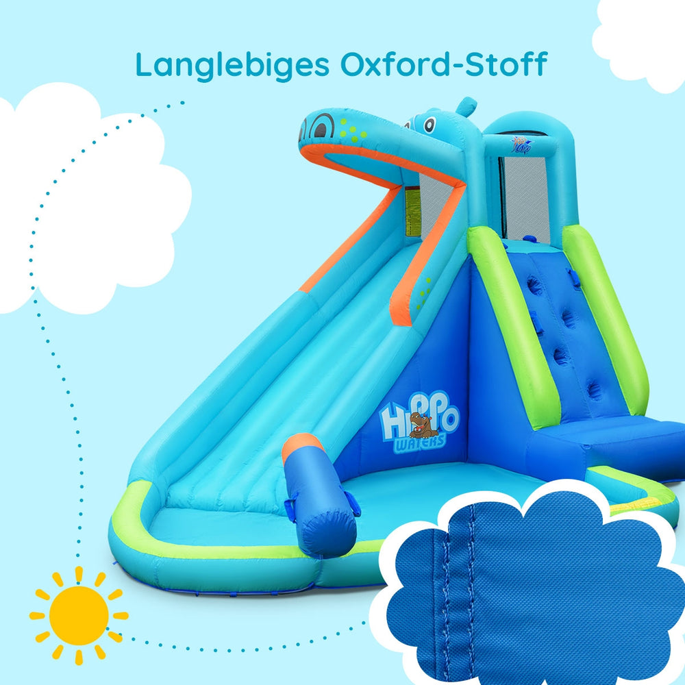 Inflatable hippo water pool with slide and splash area, made of durable Oxford fabric, perfect for summer fun.