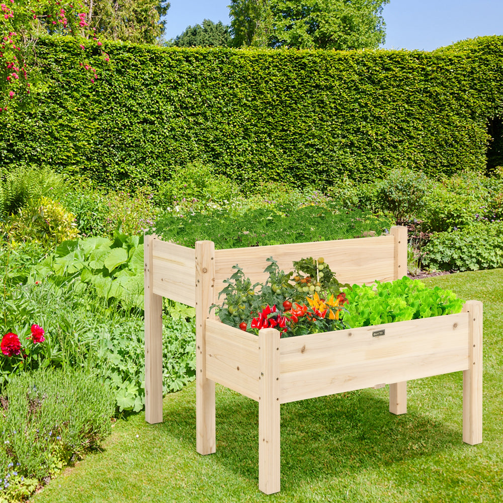 2-tier wooden elevated planter box made of fir wood, featuring drainage holes, ideal for balcony and yard gardening.