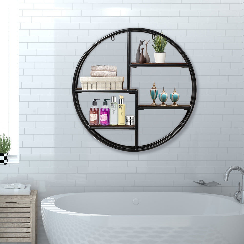 Round metal wall-mounted 4-tier rack showcasing decorative items, ideal for modern minimalist interiors.