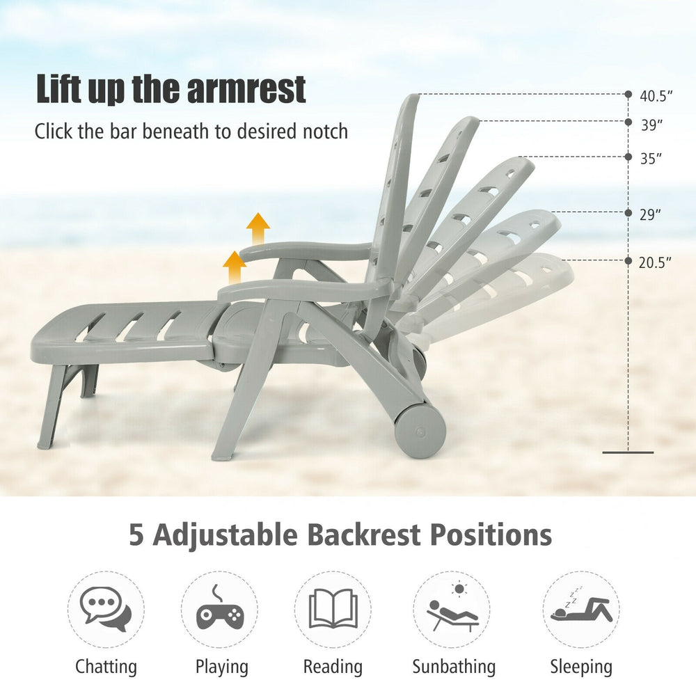 Gray 5-position adjustable folding lounger chaise chair shown reclining, perfect for sunbathing or relaxing in outdoor.