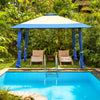 Pop-up canopy tent in blue, 13' x 13', set up by a pool, ideal for outdoor gatherings and events.