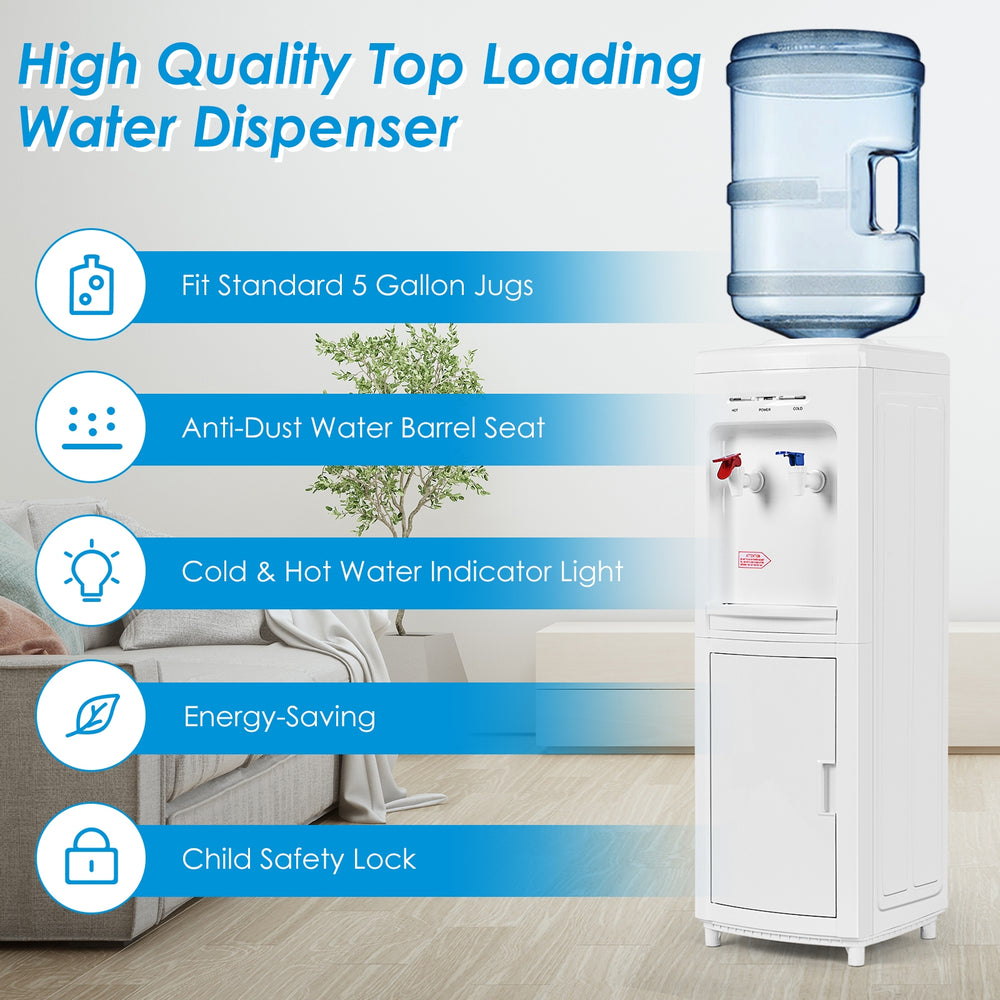 Top-loading water dispenser with child safety lock, LED indicators, and detachable drip tray for easy cleanup.