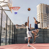 18-inch red basketball rim with all-weather net, designed for durability and strong resistance for outdoor play.