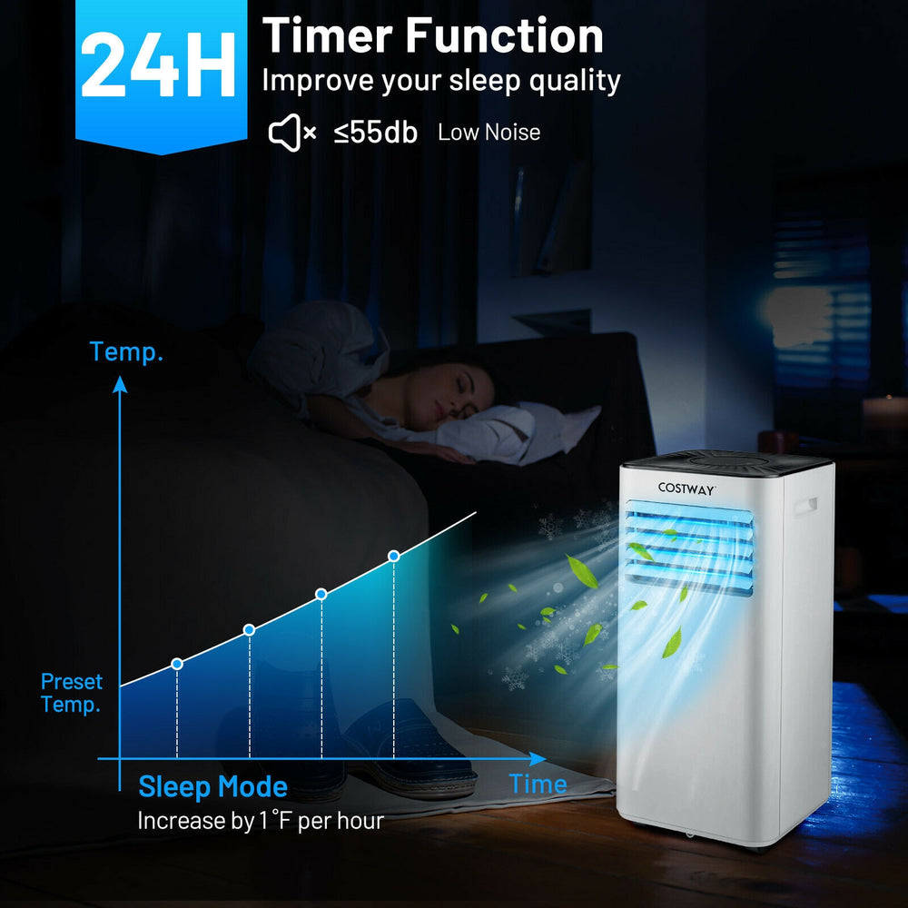 Portable 10000 BTU air conditioner in white with 24H timer, remote control, and ultra-quiet operation for versatile.