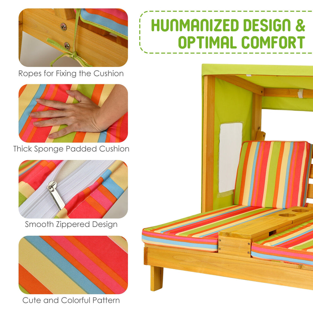Kids patio lounge chair with multicolor striped cushions, cup holders, and awning for outdoor play and relaxation.