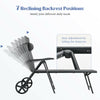 Patio lounge chair with adjustable 7-position backrest, gray fabric, aluminum frame, and wheels for easy movement.