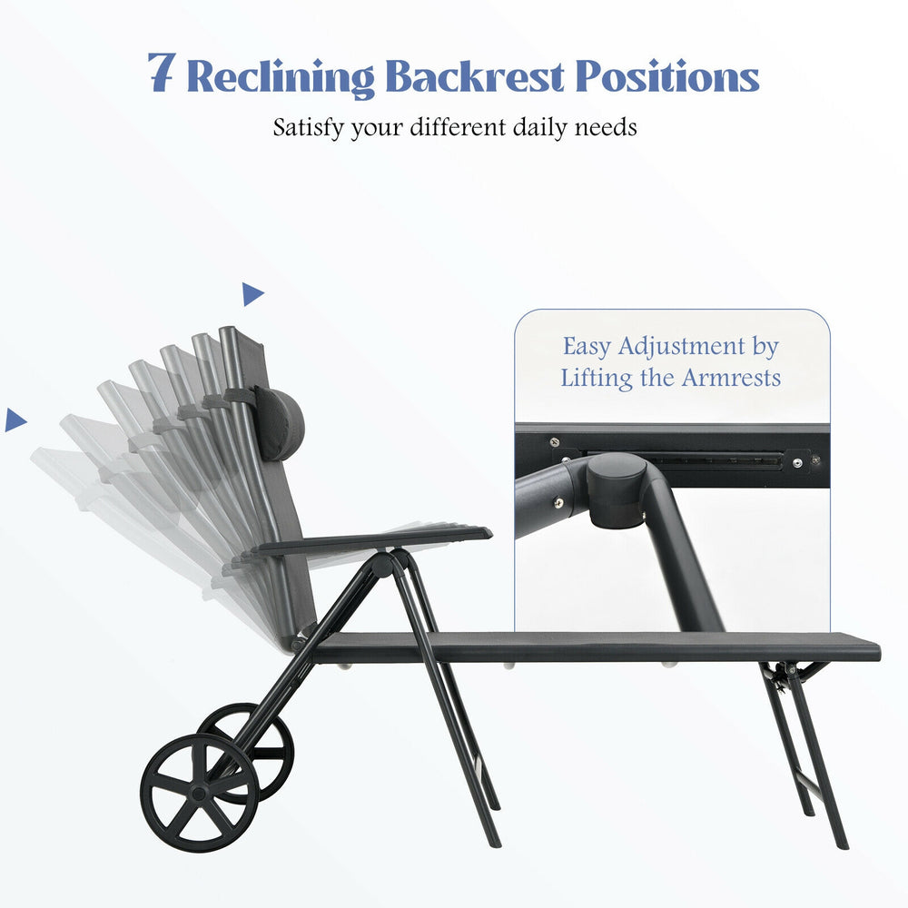 Patio lounge chair with adjustable 7-position backrest, gray fabric, aluminum frame, and wheels for easy movement.