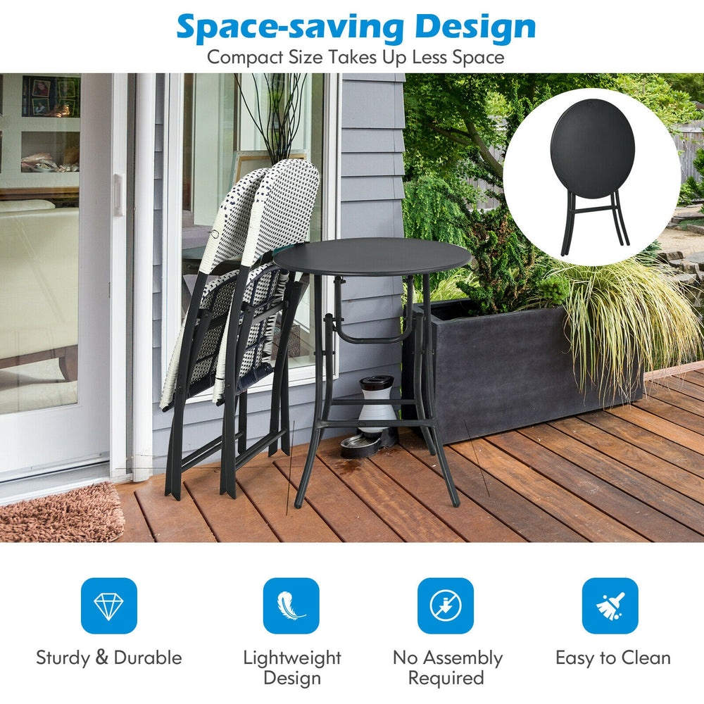 3-piece patio rattan bistro set with round folding table and 2 chairs, durable PE rattan, perfect for outdoor use.