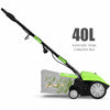 13-inch electric scarifier in green with a 40L grass collection box, featuring adjustable depth and dual safety switch.
