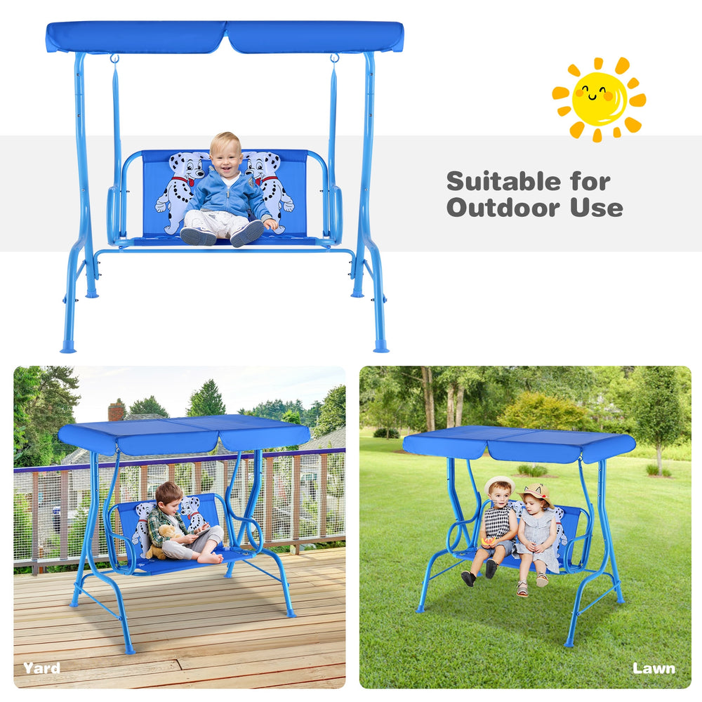 Outdoor kids patio swing bench with canopy, puppy pattern, metal construction, suitable for ages 3-5, perfect for.