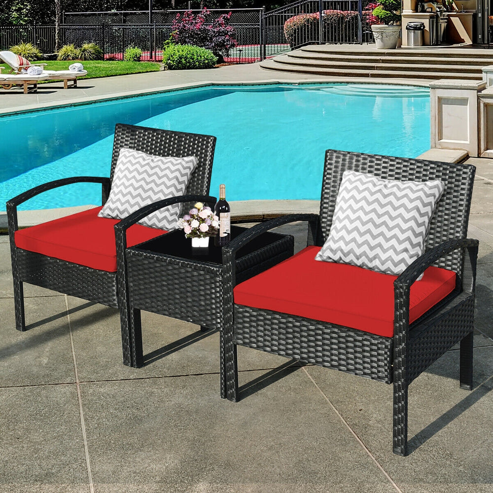 3 Pieces Outdoor Rattan Patio Conversation Set with Seat Cushions-Red - Gallery View 1 of 12