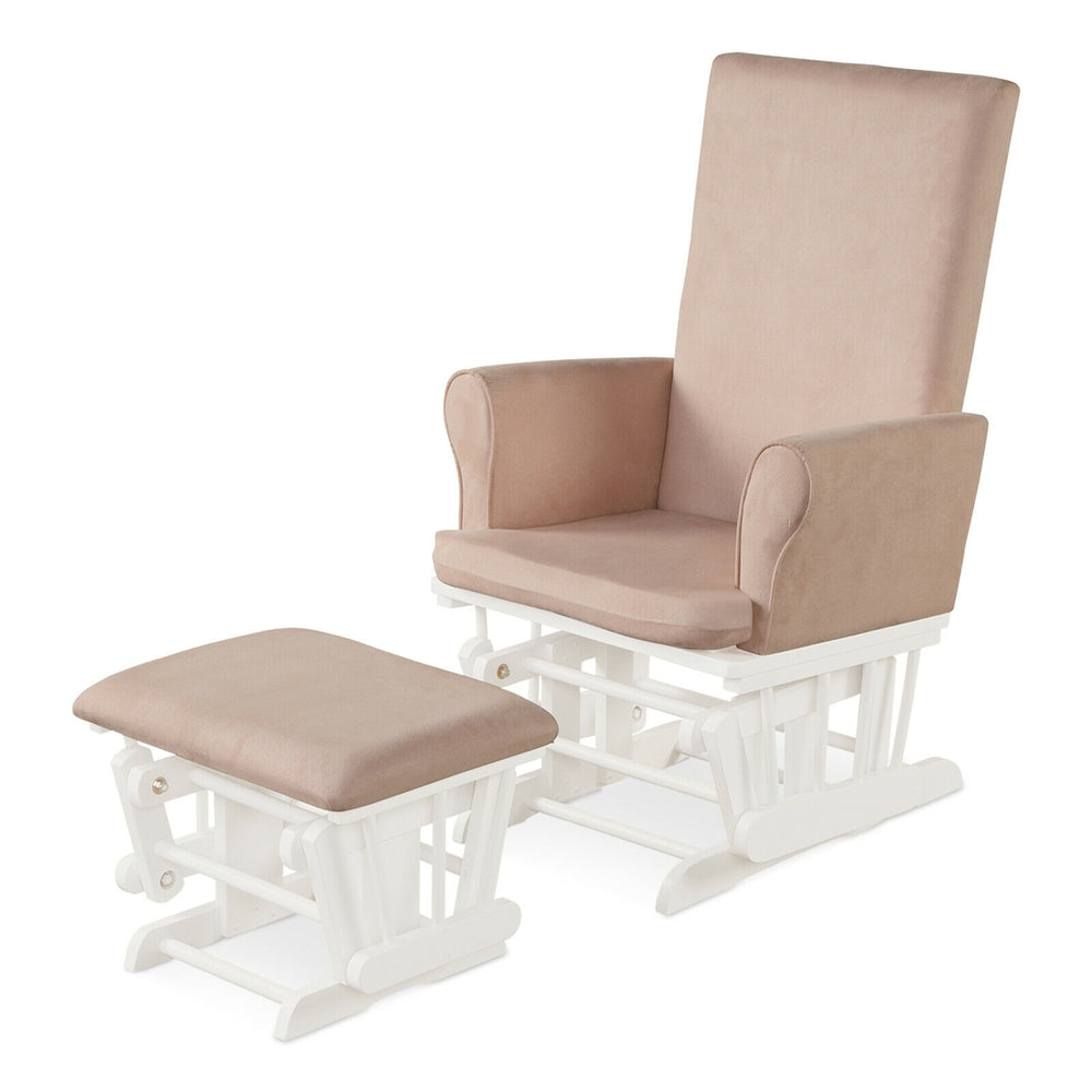 Pink Baby Nursery Relax Rocker with cushioned ottoman, featuring a solid wooden frame and soft upholstery for comfort.
