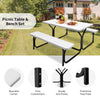 Picnic table and bench set in white, made of HDPE with rounded corners, perfect for outdoor camping and gatherings.