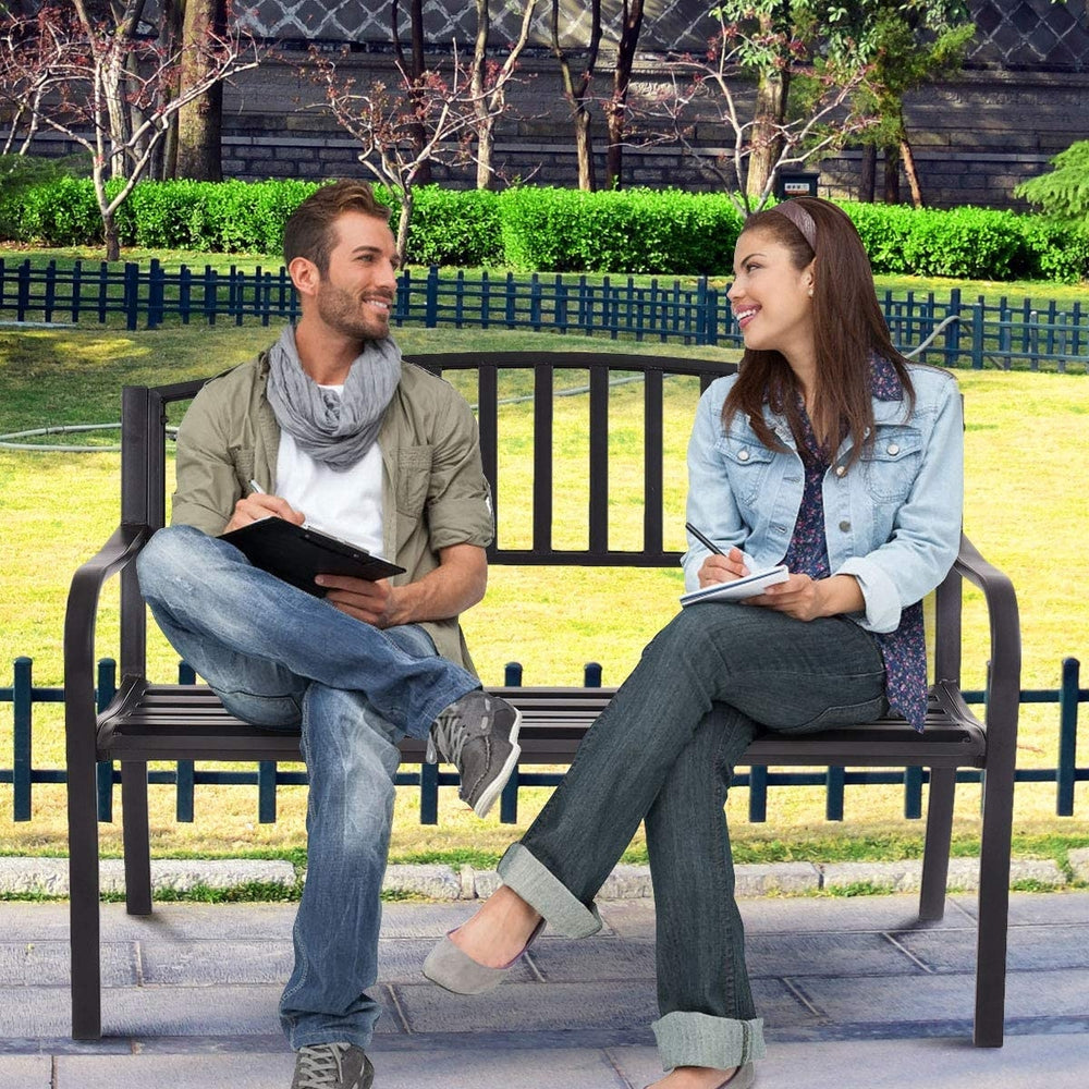 50-inch patio garden bench with ergonomic design, sturdy steel frame, perfect for outdoor relaxation in any setting.
