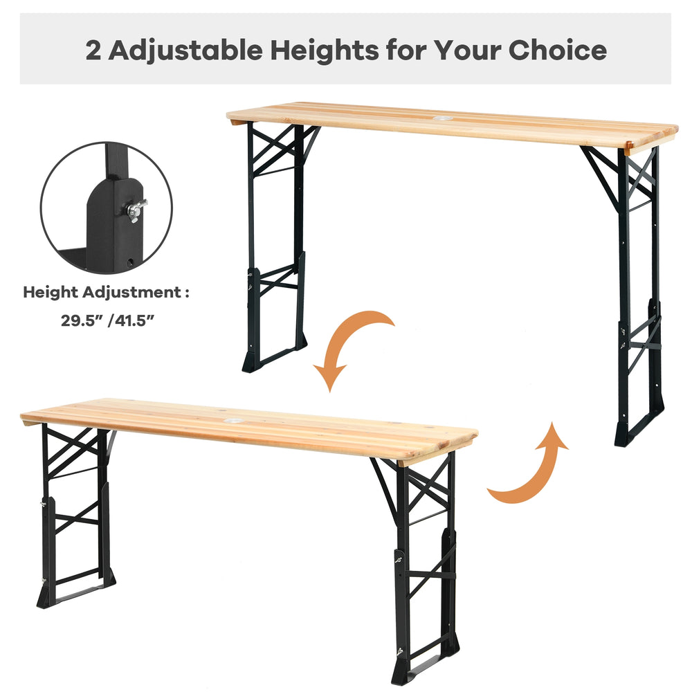 66.5-inch outdoor wood folding picnic table with adjustable heights, featuring a sturdy design for camping and picnics.