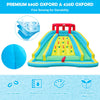 Inflatable water park bounce house featuring double slides, climbing wall, and splash pool for summer fun.