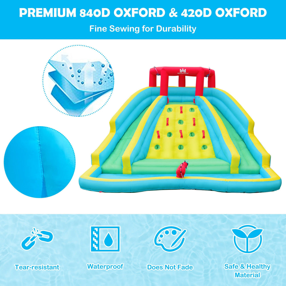 Inflatable water park bounce house featuring double slides, climbing wall, and splash pool for summer fun.
