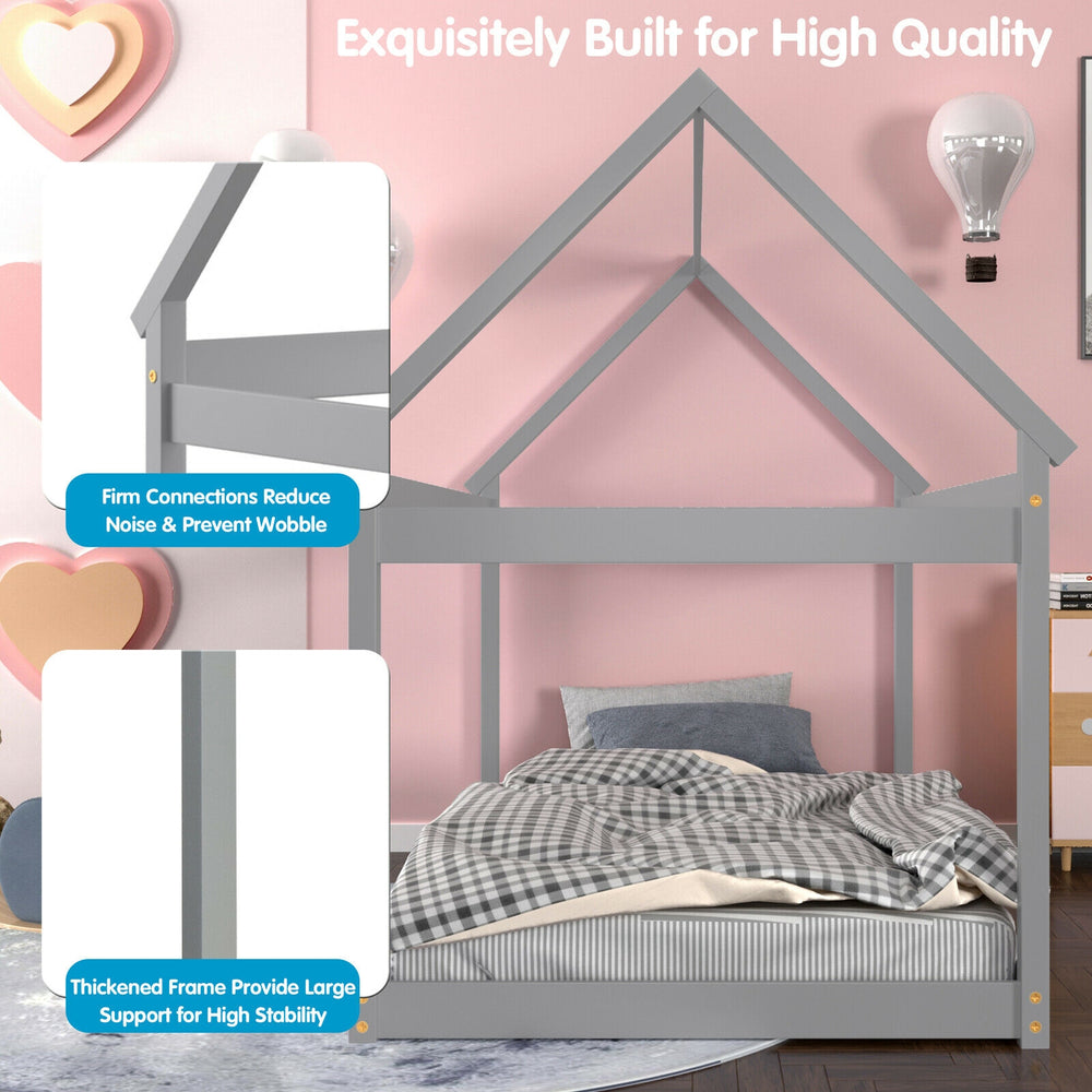 Stable kids platform floor bed in gray with roof, thickened frame for stability, ideal for toddlers to teens.
