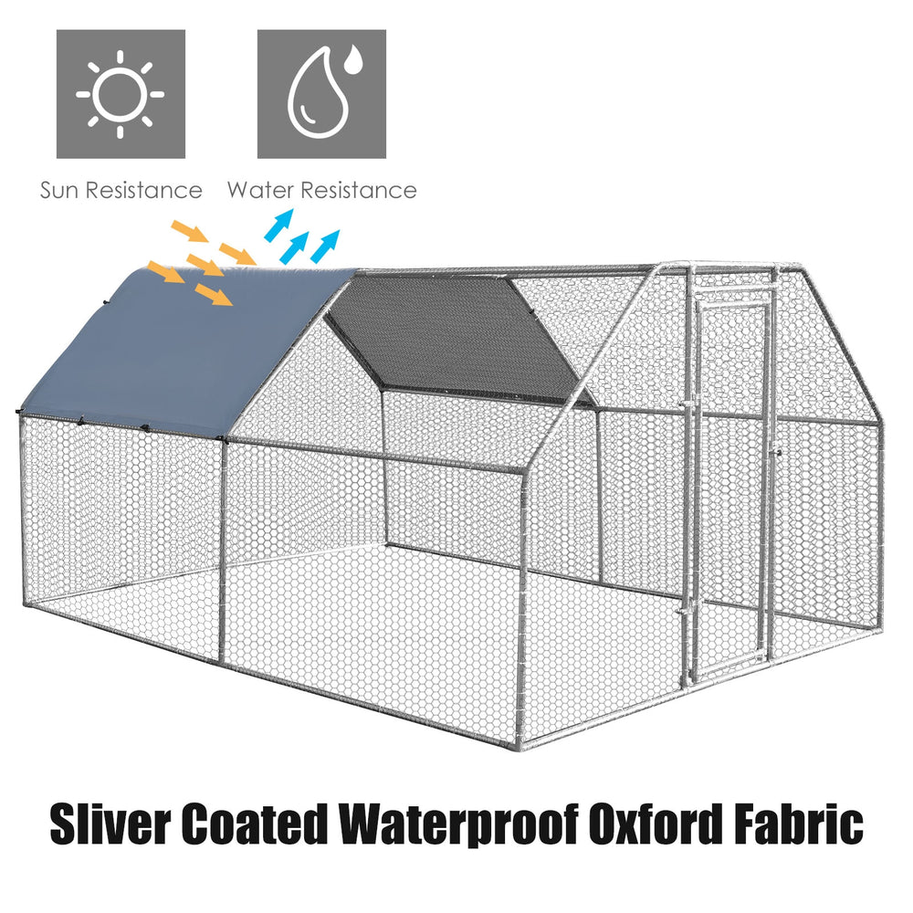 Large walk-in chicken coop run with a waterproof Oxford fabric cover, featuring a solid steel frame for outdoor use.