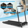 Compact folding treadmill in black with touch screen, ideal for home or office use, featuring a shock-absorbing running.