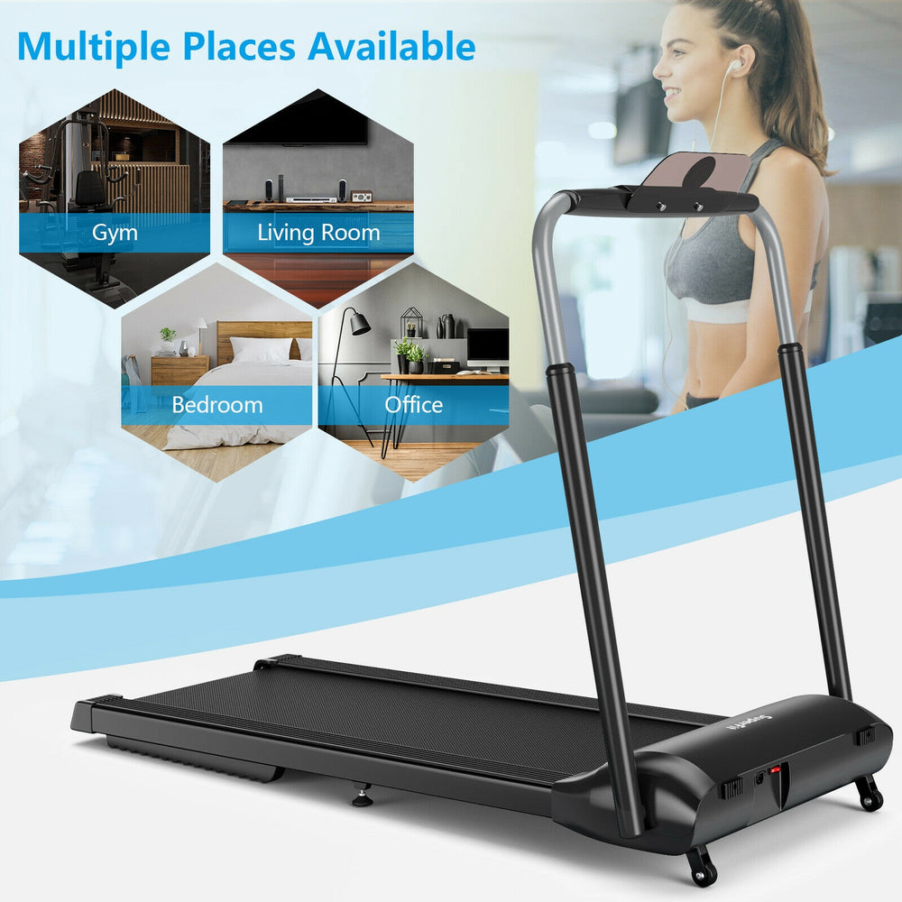 Compact folding treadmill in black with touch screen, ideal for home or office use, featuring a shock-absorbing running.
