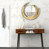 42-inch industrial console table with two drawers, showcasing a stylish design against a marble wall backdrop for.