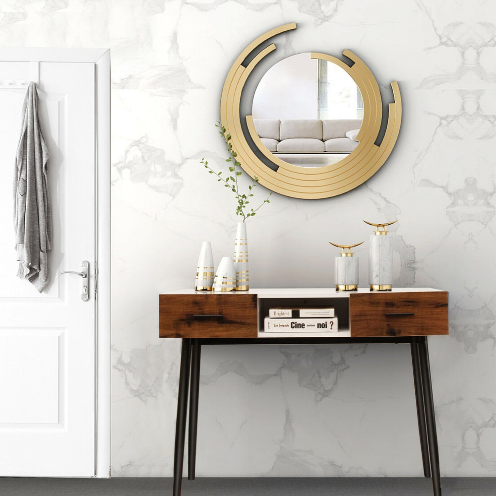 42-inch industrial console table with two drawers, showcasing a stylish design against a marble wall backdrop for.
