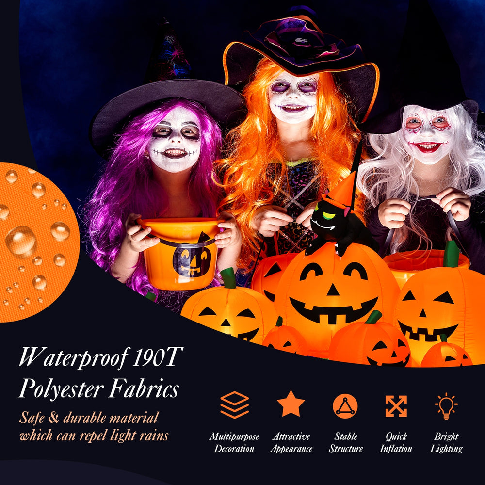 Inflatable Halloween pumpkin combo with witch and black cat, made of waterproof polyester, perfect for outdoor.
