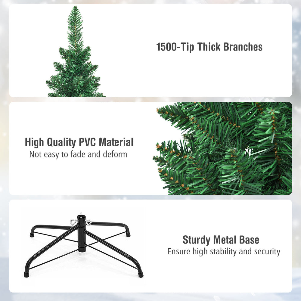 9-foot PVC artificial slim pencil Christmas tree with dense branches and sturdy metal base, ideal for small spaces.