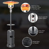 Outdoor propane heater with table, wheels, and reflective cover for efficient warmth on your patio.