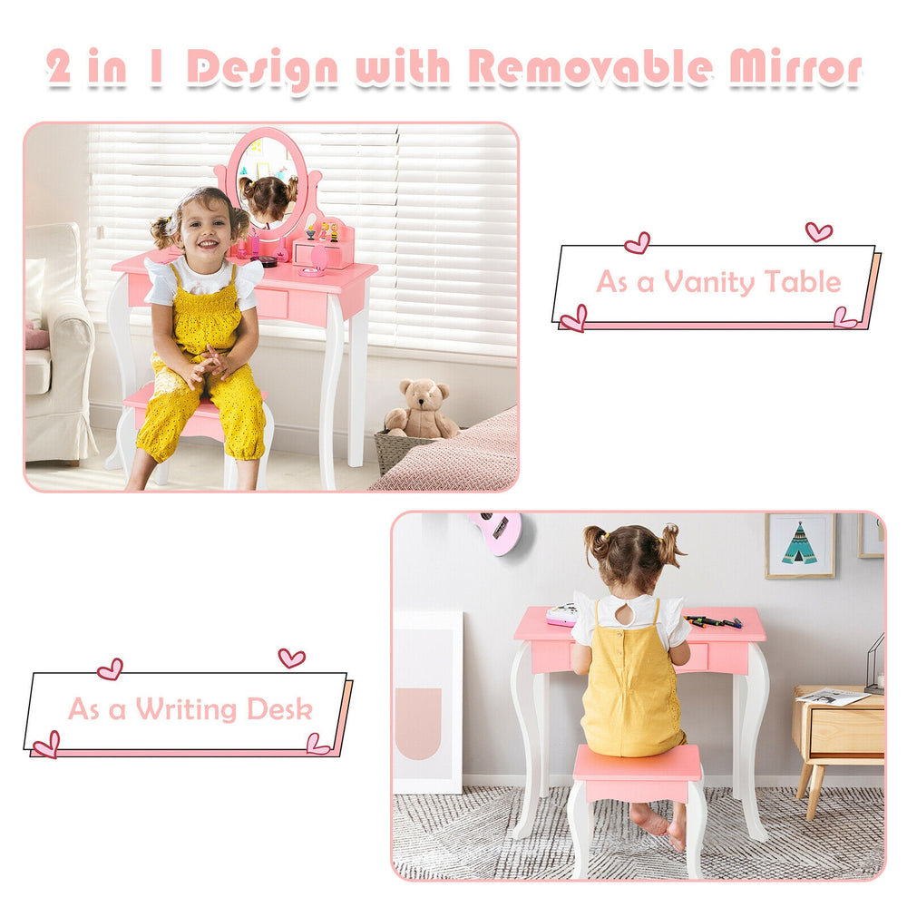 Kids vanity dressing table set in pink with removable mirror, 360-degree rotation, and three storage drawers for makeup.