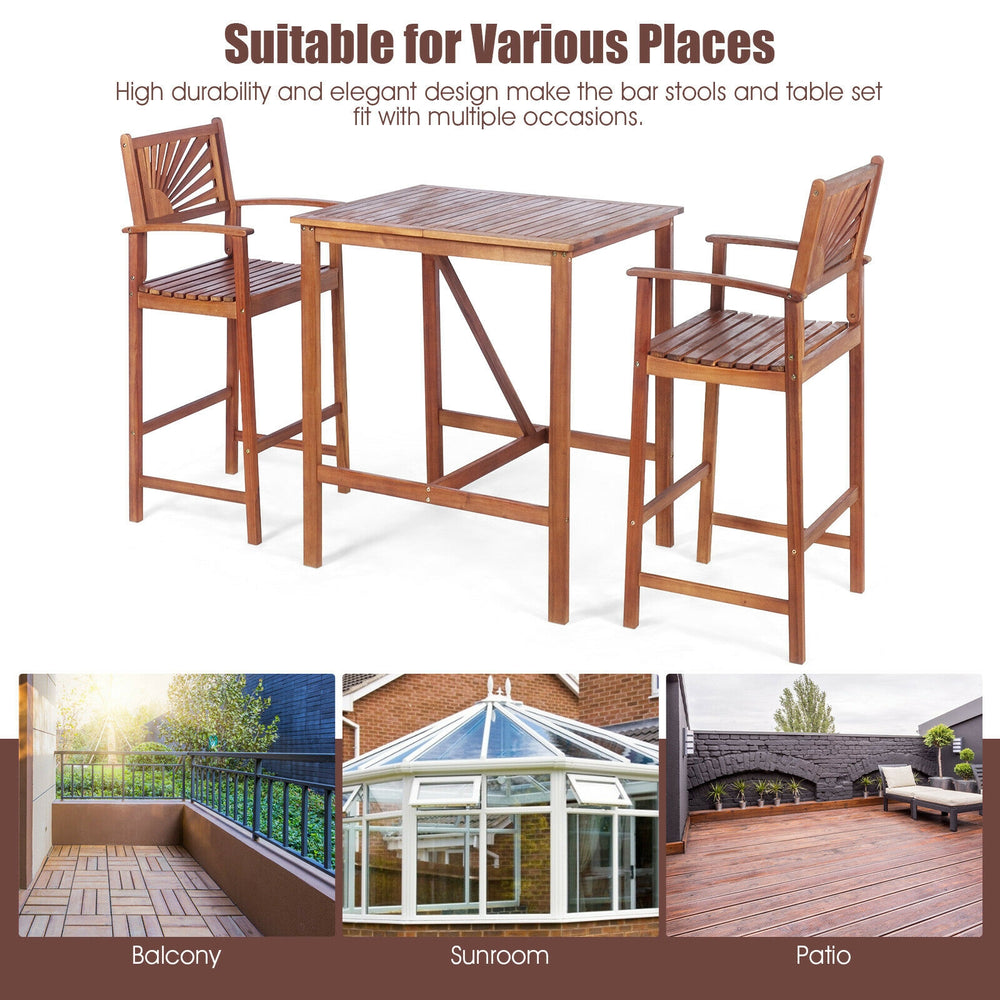 3-piece acacia wood patio bar set with sunflower patterned backrest, perfect for outdoor relaxation on balcony or patio.